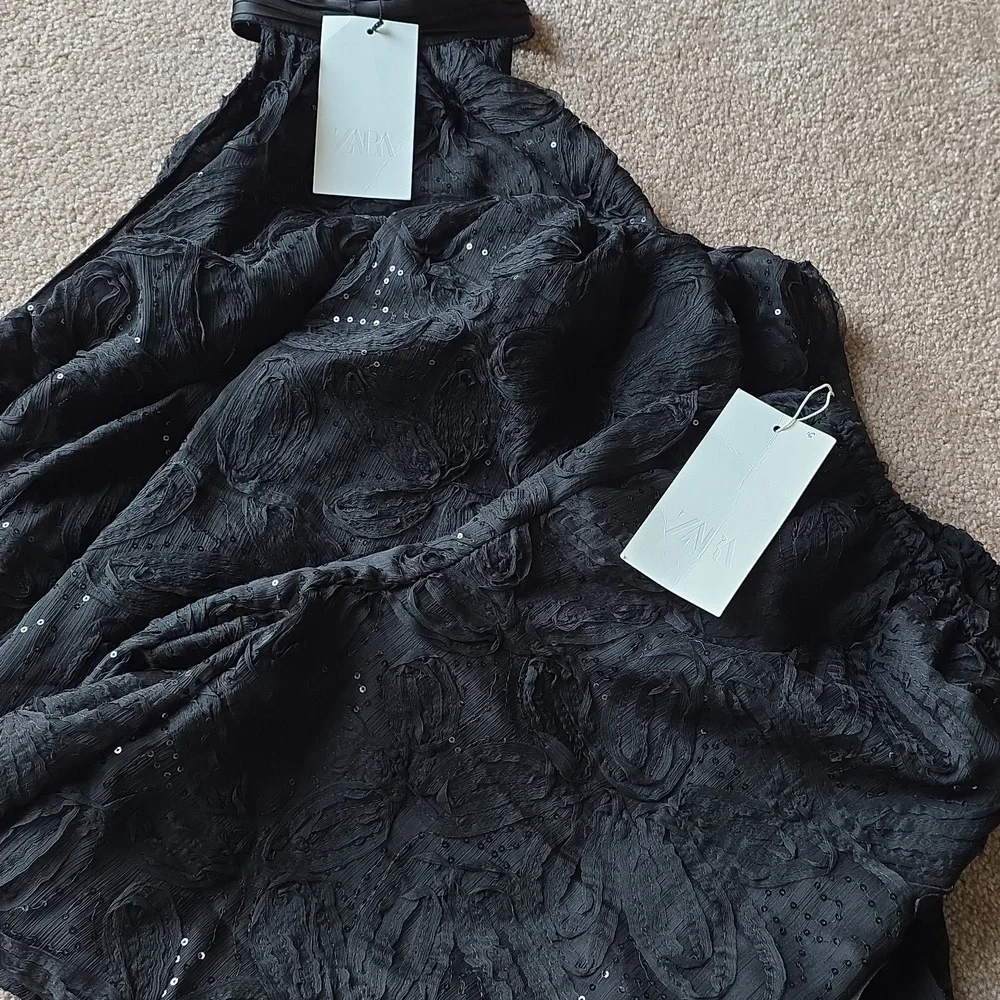 ZARA Set 2pc SEQUINED BALLOON PANTS AND TOP BLACK Size M
